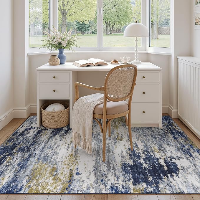 5x7 Area Rug for Living Room, Abstract Washable Non-Slip Rugs, Dark Blue | Neutral Carpet for Bedroom, Dining Room, Home Office, Nursery,Indoor, Stain Resistant, Low Pile, Non-Shedding Modern Rug