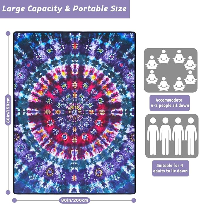 Picnic Blankets Extra Large Waterproof, 80"x 60"Tie-dye Beach Mat with Corner Pockets Windproof Sandproof Foldable Portable 3-Layer Mat Darker for Wet Grass,Parks,Music Festival,Camping,Concerts