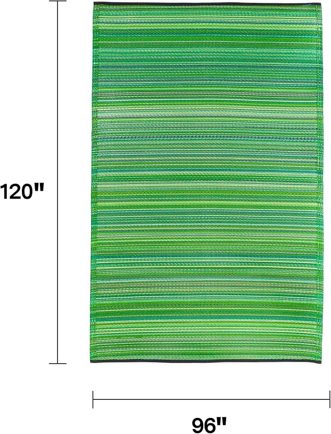 Fab Habitat Striped Outdoor Rug - Waterproof, Fade Resistant, Crease-Free, Reversible - Premium Recycled Plastic - Patio Porch Balcony Deck - Cancun Green - 8x10 ft