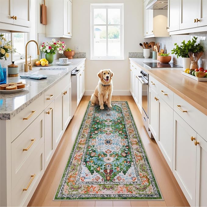 U'Artlines 2' x 6' Boho Hallway Runner Rug Non Slip Washable Runners,Green | Vintage Farmhouse Kitchen Rug Accent Area Carpet for Entryway Laundry and Living Room