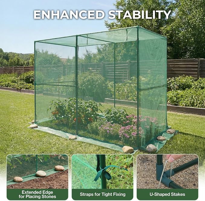 Aoodor 8x4x6 FT Crop Cage, Plant Protection Tent with Heavy Duty Steel Frame and Zippered Doors, Green Netting Cover for Garden, Lawn, Yard