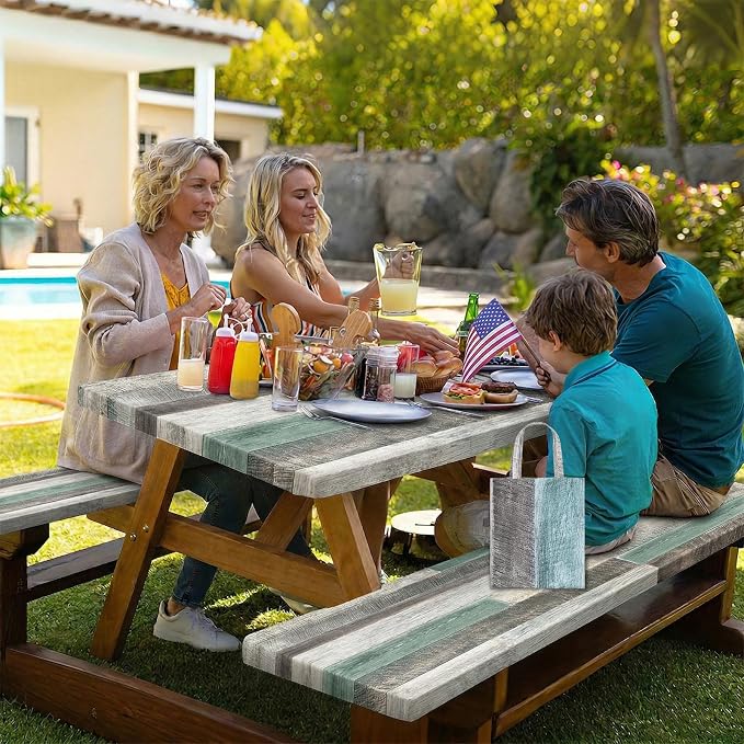 Picnic Table Cover with Bench Covers Elastic Edges Camping Essentials 4 Pcs Wood Grain Green Waterproof Oil-Proof Tablecloth with Handbag for RV Accessories Farmhouse Camping Rustic Party Decor 72 IN