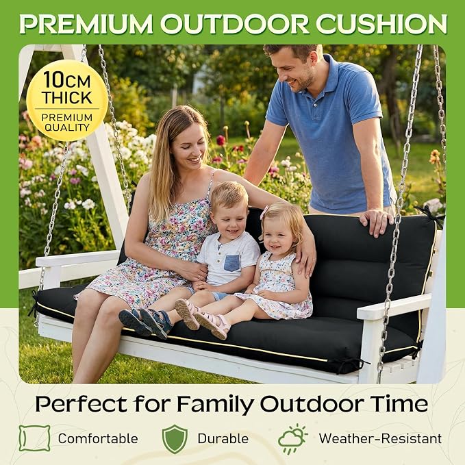 60×40 INCH Outdoor Swing Cushion with Backrest, Tie Straps & Memory Foam - Replacement for Porch Bench 2/3 Seater, Oxford Fabric (Black, 60 INCH × 40 INCH)