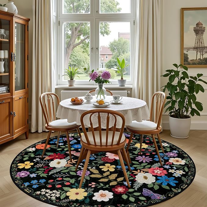 PLHXFR Round Area Rug Living Room: 4 ft Floral Washable Soft Carpet Black | For Bedroom Dining Room Farmhouse Nursery Hallway,Vintage Floral,Machine washable,Non Slip,Stain Resistant,Large Indoor