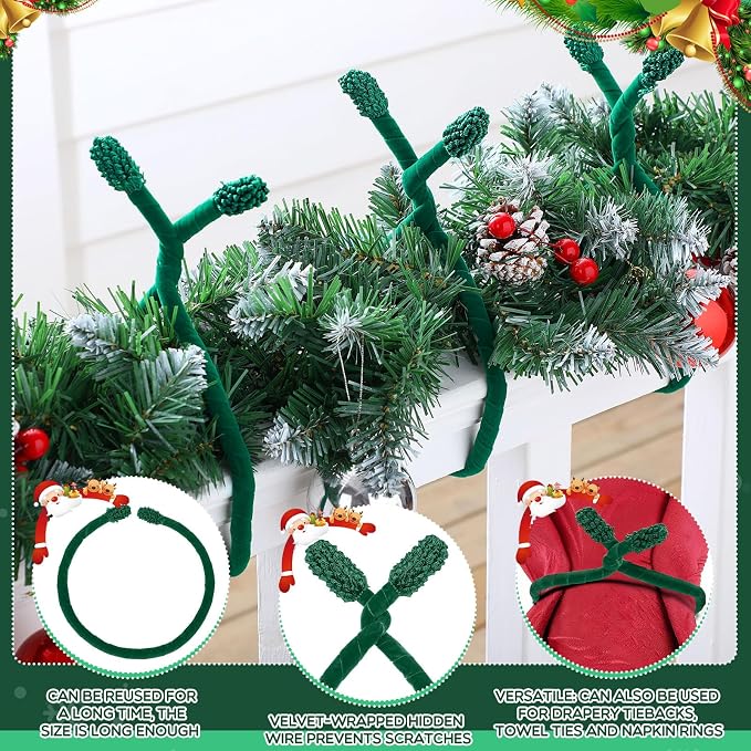 Zhengmy 24 Pcs 20'' 25'' 30'' Christmas Velvet Garland Ties Christmas Decorative Twist Ties for Banister Reusable and Flexible Wreath Twist for Xmas Home Decorations Holiday Craft Wrapping (Green)