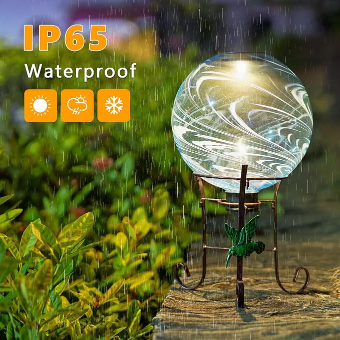 10 Inch Solar Glass Gazing Ball with 9.4" H Metal Stand | Solar Gazing Globe Lights Display Holder Set for Outdoor Garden Lawn Yard Decoration, Blue Water Ripple