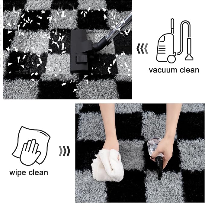 Checkered Rug for Living Room 6x9, Ultra Fluffy Fuzzy Shag Black and Grey Large Area Rug for Bedroom, Modern Plush Soft Upgrade Non-Slip Carpet for Kids Girls and Boys Room Dorm Home Decor