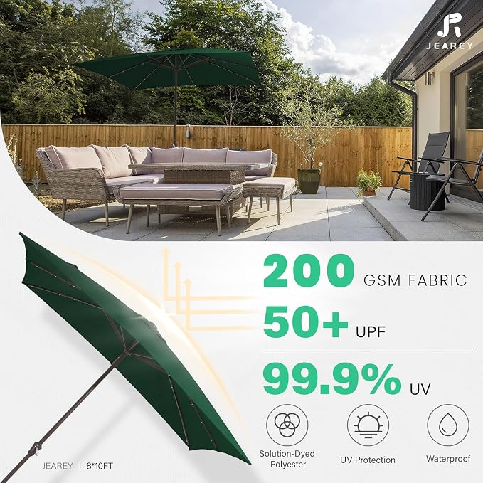 JEAREY 8x10 ft Rectangular LED Lighted Patio Umbrellas Outdoor Solar Table Market Umbrella w/Crank, 8 Sturdy Ribs, UV Protection Waterproof Sunproof(Dark Green)