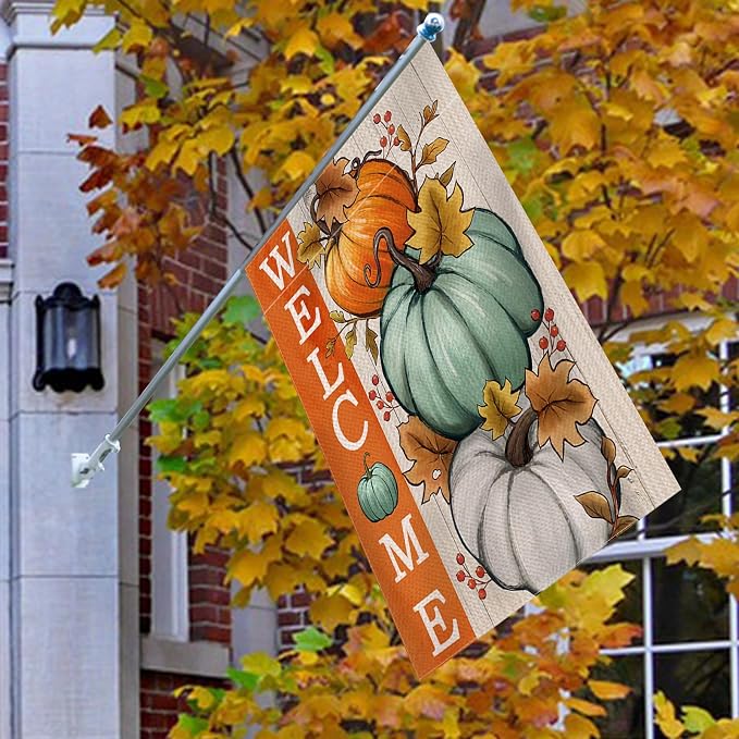 Welcome Fall Pumpkins Decorative House Flag, Autumn White Teal Pumpkin Farmhouse Garden Yard Outside Decorations, Thanksgiving Seasonal Burlap Outdoor Large Home Decor Double Sided 28 x 40