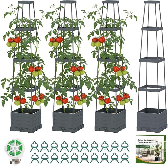 Suteck Raised Garden Bed Planter Box with Trellis, 4-Pack Self-Watering Tomato Planter with Adjustable Height Steel Support Frame for Climbing Plants, Tomato Cages for Patio, Balcony & Outdoor