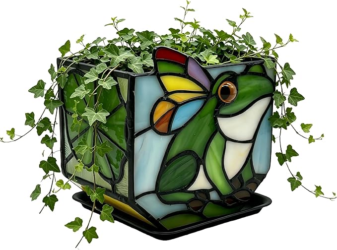 Stained Glass Frog Planter, Colorful Decorative Succulent Pot, Unique Indoor Plant Holder, Cute Frog Gift for Women