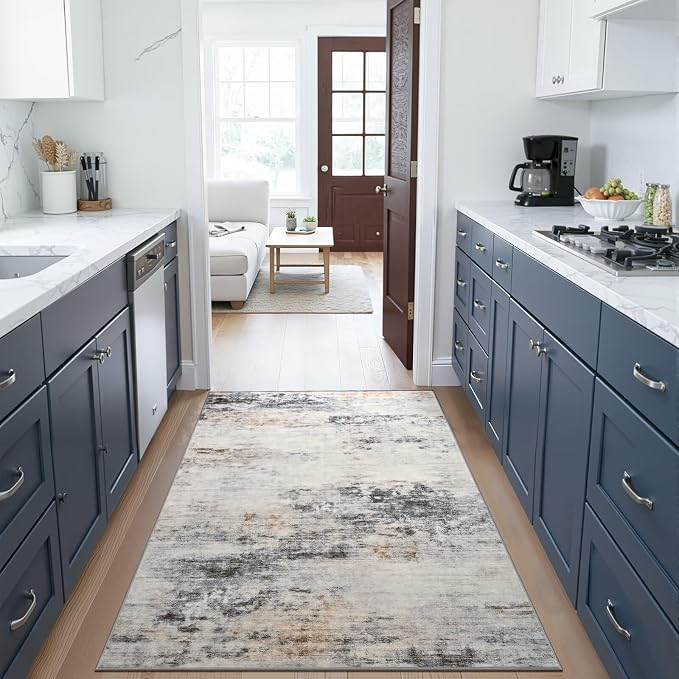 Toneed 3x5 Washable Non Slip Area Rugs for Bedroom Living Room, Grey/Brown | Abstract Soft Modern Low Pile Rug for Kitchen Hallway Office,Indoor Carpet for Kids Nursery Home Decor