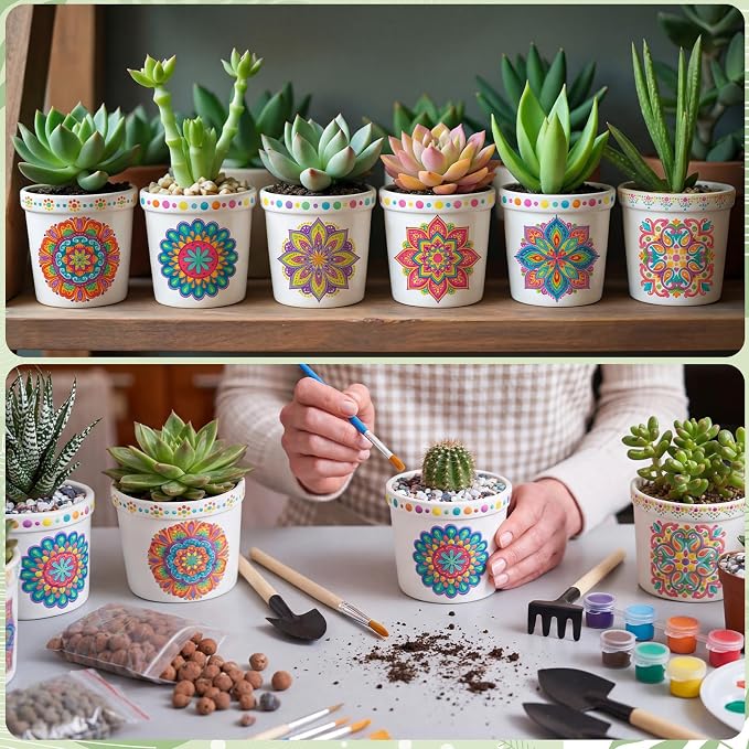 Zubebe Paint Your Own Ceramic Pots Bulk Unfinished Succulent Pots Craft Kit with Drainage Hole Mini Paintable Plant Vase Ready to Paint Planter for Cactus Purple Mandala DIY Craft Painting