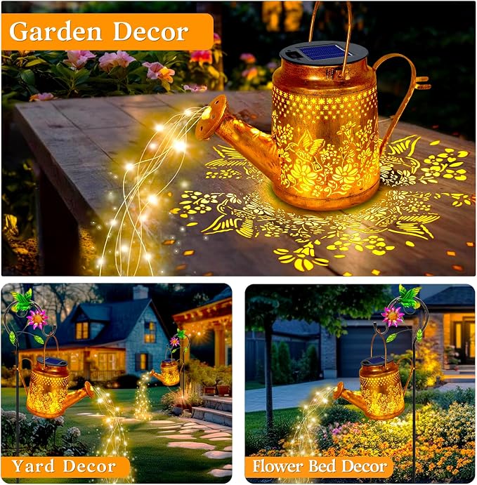 Big Solar Hummingbird Flower Watering Can Lights, Gift for Mom Grandma Women Wife Daughter Mother's Day, Waterproof Outdoor Garden Decor with Shepherd Hook, Hanging Light for Yard Porch Backyard Patio