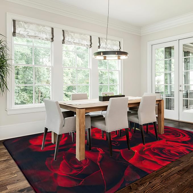 Red Rose 5x7 Area Rug,Retro Romantic Rose Flower Washable Carpet Non Slip Mat Low Pile Large Rugs for Living Room,Bedroom,Farmhouse,Dining Room,Kids Playroom,Kitchen Indoor