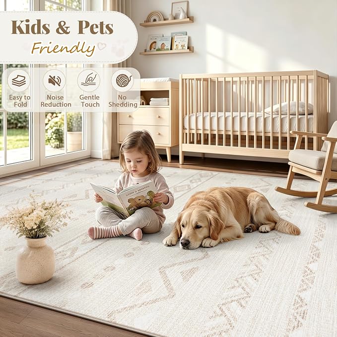 Zomfy Washable Rug 8x10 Area Rugs for Living Room(CreamBeige, 8'x10') | Geometric Boho Modern Rugs Large Non Slip Soft Carpet Low Pile No Shedding Print Rug for Bedroom Dining Room Home Office