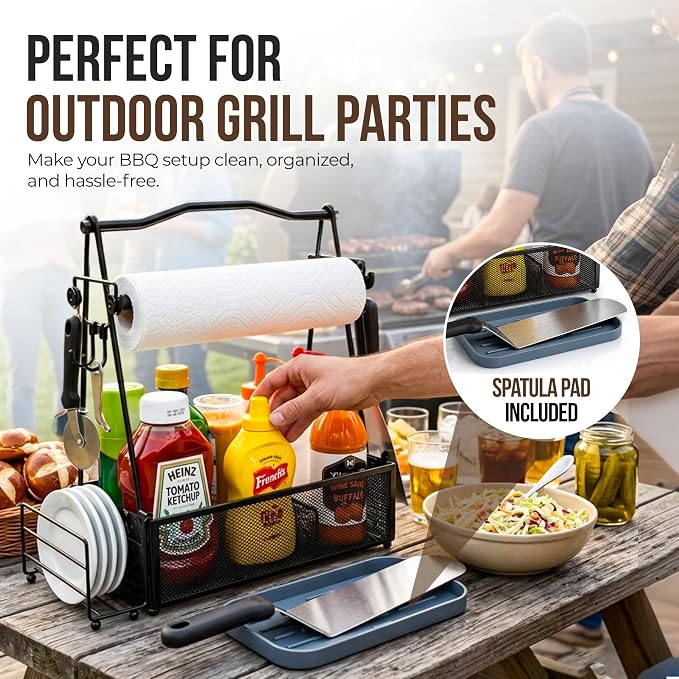 Grill Caddy for Outdoor Kitchen - Foldable Picnic Caddy for BBQ Accessories - Versatile Outdoor Kitchen Accessories Basket with Paper Roll Holder, Hooks & Compartments