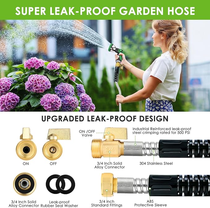 Stainless Steel Garden Hose 25 ft - 304 Stainless Steel Kink-Free Metal Water Hose with Shut-Off Valve & Hose Straps, Heavy Duty, Rust/Puncture Proof for Yard, Lawn and Car Washing, 25 Feet