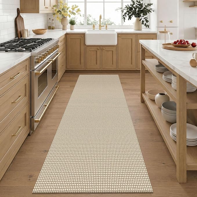 KOZYFLY 3x6 Washable Runner Rug, Non Slip Wide Runners for Hallway, Woven Large Entryway Runners, Braided Floor Carpet Runner for Entry, Kitchen, Bedside, Hall, Ivory/Camel/Brown
