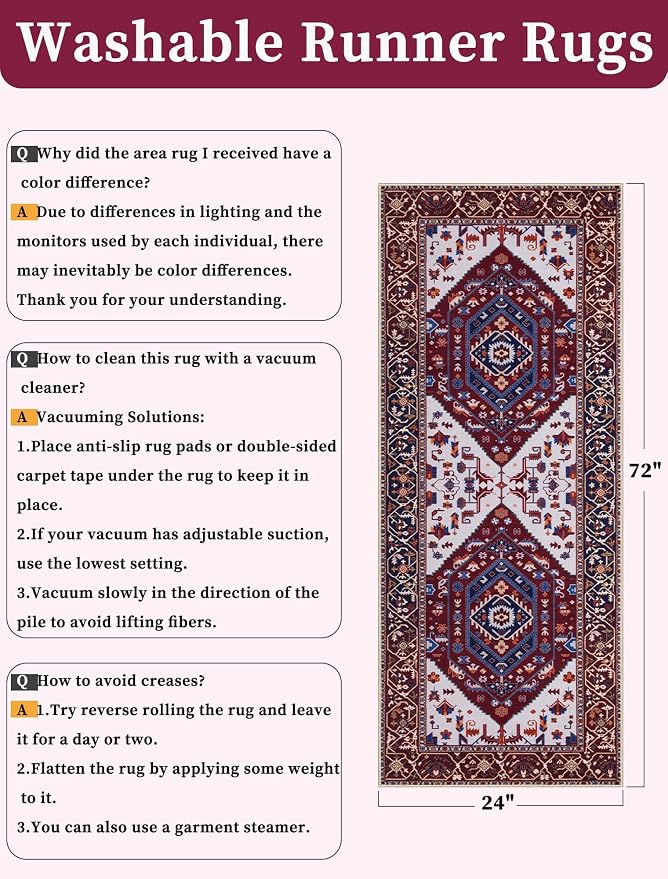 SERISSA 2x6 Washable Non Slip Boho Runner Rug for Hallway | Ultra Soft Vintage Oriental Carpet Low-Pile Burgundy Navy Floor Carpet for Kitchen Bedroom Bathroom Laundry Living Room