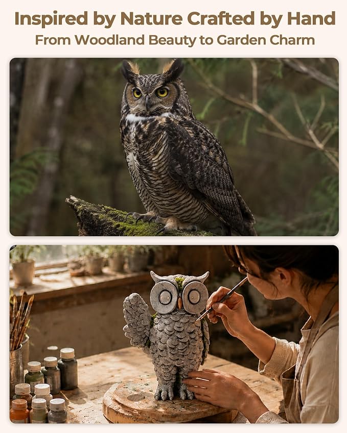Solar Owl Statue Outdoor Decor | Stone-Look Resin Owl Garden Sculpture with Glowing Eyes & Hanging Lantern | Realistic Weathered Finish for Patio, Lawn, Porch, Flower Bed | Gardening Gift