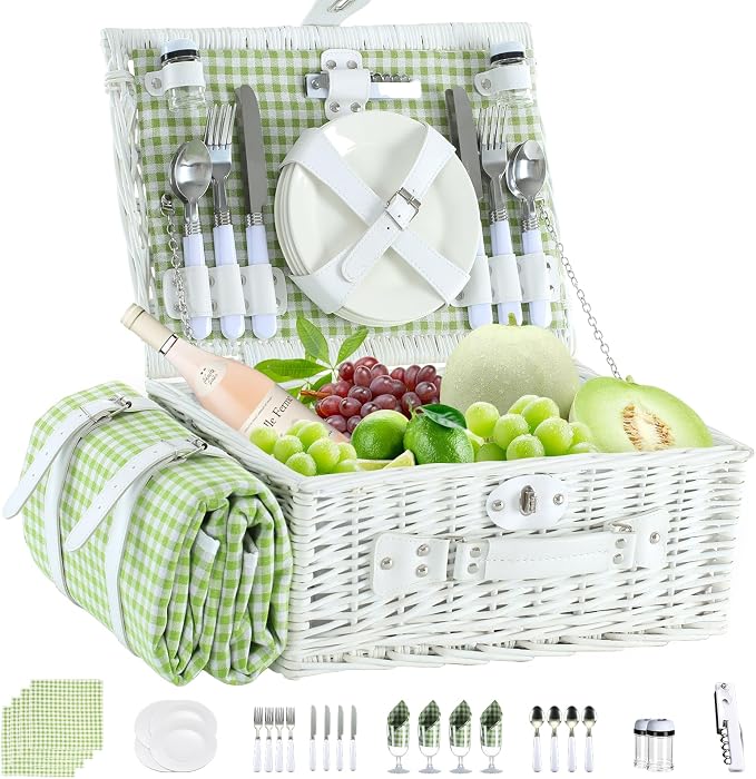 Picnic Basket Set for 4 with Waterproof Blanket Mat Insulation Bag Wicker White Green Plaid Classic Fresh Gift for Christmas Thanksgiving Wedding Birthday Camp Outdoor Beach Travel