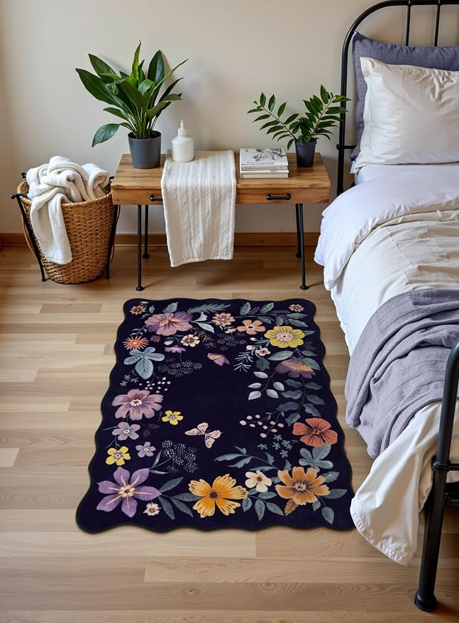 Lahome Floral Washable Entryway Rug, 2X3 Purple Kitchen Rugs Non Slip Small | Ultra-Thin Soft Door Mat Indoor Entrance Stain Resistant Boho Carpet for Bathroom Bedroom Flore (2x3ft, Purple)