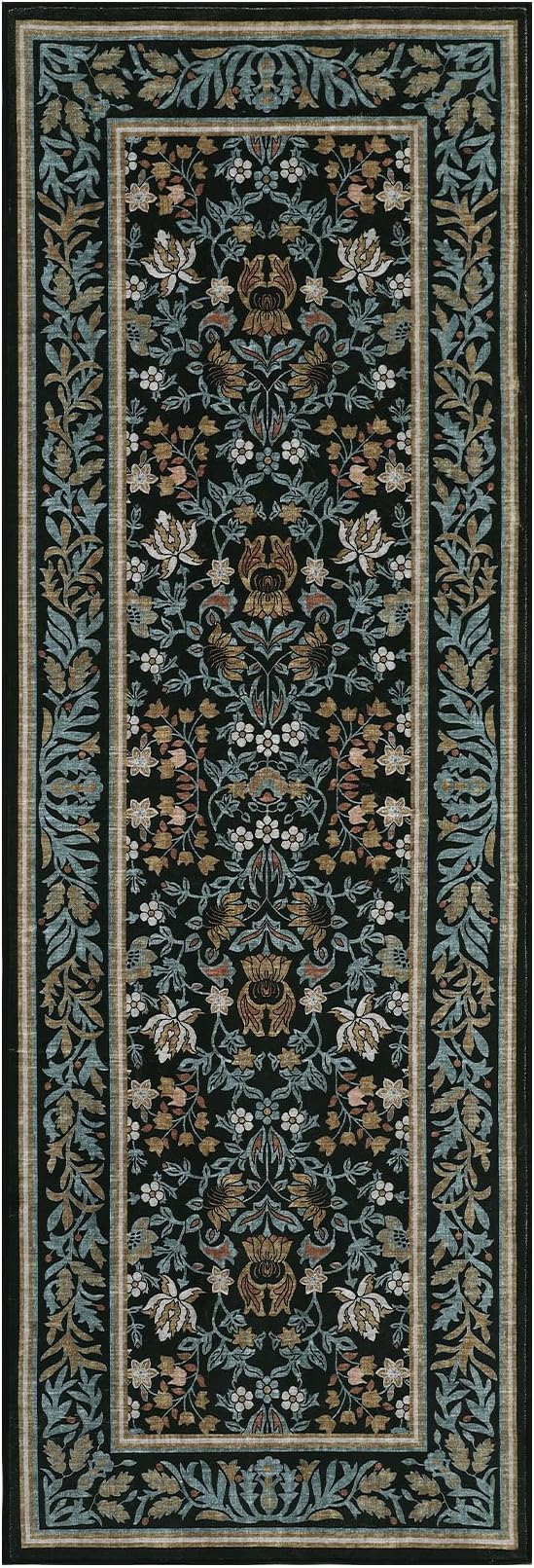 GarveeHome Washable 2x6 Hallway Runner Rug Non Slip Kitchen Rugs Blue Black | Boho Vintage Runner Rugs with Rubber Backing Soft Low-Pile Stain Resistant Indoor Long Carpet for Entryway Bedroom Laundry