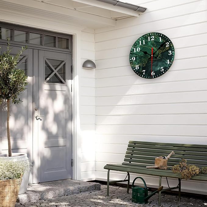 Wall Clocks Battery Operated, Dark Green Luxury Marble Silent Non Ticking Decorative Indoor Outdoor Wall Clocks for Living Room Kitchen Bedroom Bathroom 12"