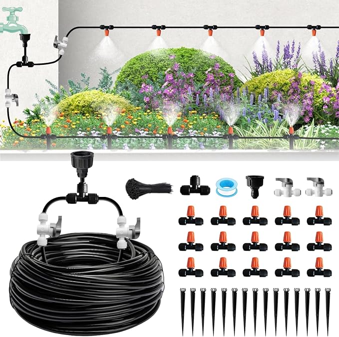Mist Drip Irrigation System for Garden Watering 60FT, Quick-Connect Micro Misting kit for Greenhouse,Plant,Raised Bed,Vegetable,Flower. Hanging or Inground Misters Sprinkler,Sistema De Riego Por Goteo