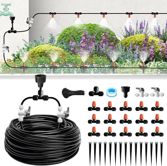 Mist Drip Irrigation System for Garden Watering 60FT, Quick-Connect Micro Misting kit for Greenhouse,Plant,Raised Bed,Vegetable,Flower. Hanging or Inground Misters Sprinkler,Sistema De Riego Por Goteo