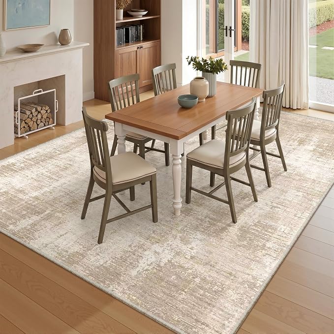 Valenrug 5x8 Area Rug, Abstract Large Washable Rugs for Living Room, Beige | Soft Thin & Lighweight, Folable, Stain Resistant Low Pile Non Slip Modern Distressed Carpet Rugs for Bedroom, Dining Room