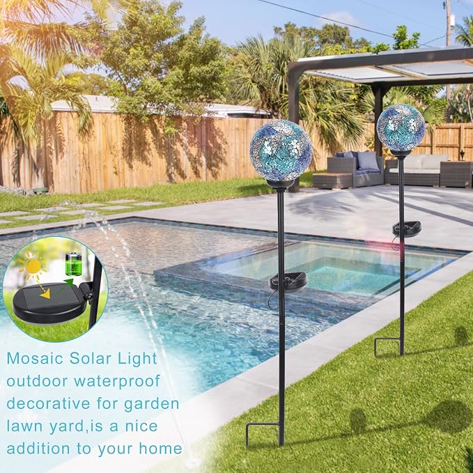VCUTEKA Decorative Solar Garden Lights, 3.5" Mosaic Globe Stake 2 Pack | Mosaic Glass Design, Solar LED Light, Weather Resistant, Auto On/Off and Metal Stake Design for Lawn and Patio