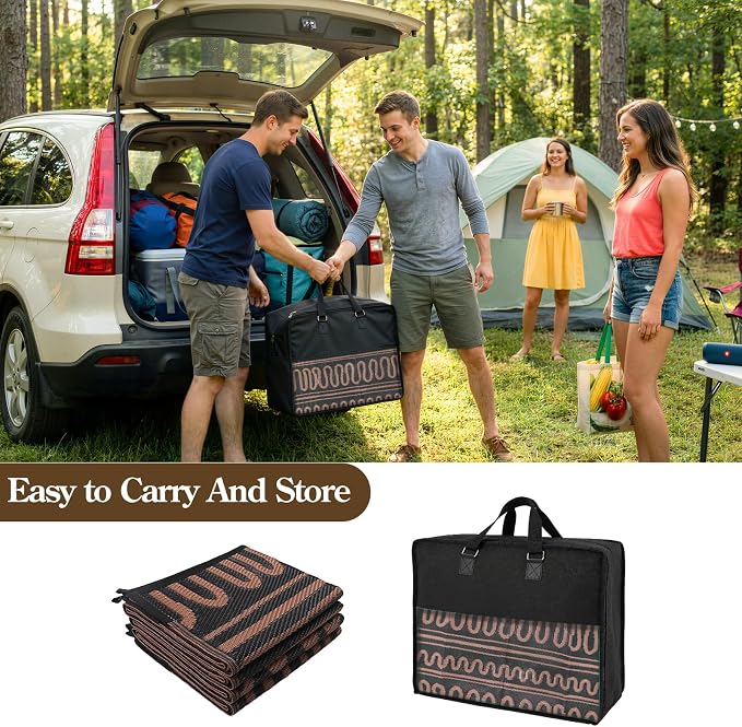 Beeiva Waterproof Outdoor Rug 6x9 for RV Camping, Reversible Outdoor Mat for Porch, Balcony, Picnic, Plastic Straw Rug Black Brown