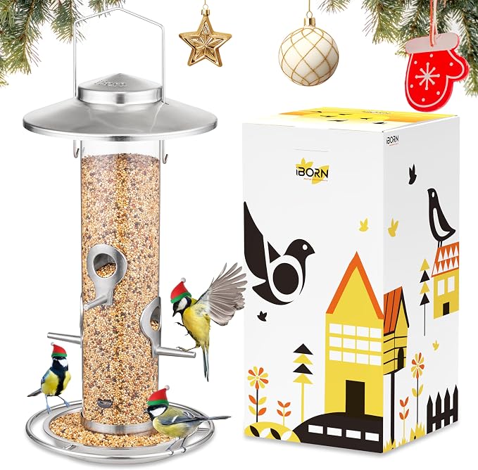iBorn Metal Bird Feeder for Outside Hanging,Wild Bird Feeders for Cardinal,17cm Large Roof&Nickle,35CM Long,2lb Capacity 8 Ports (Seed is not Included)