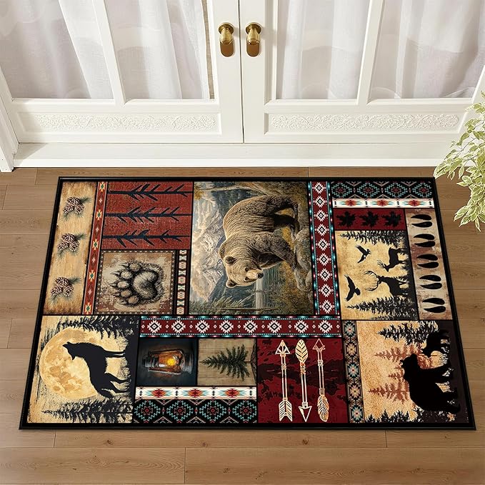 Rustic Cabin Area Rug 2x3 for Living Room, Bear Deer Print Mat, Western Animal Decor Non-Slip Low-Pile Machine Washable Door Floor Carpet for Dining Room Bedroom Office
