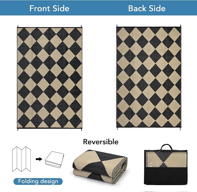 Garvee Outdoor Plastic Straw Rug 10x14 Patio Rug Waterproof Reversible Mat Lightweight Carpet Easy Clean Foldable Large Camping Rugs for Backyard Porch RV Beach Balcony Deck Picnic Checkered Beige