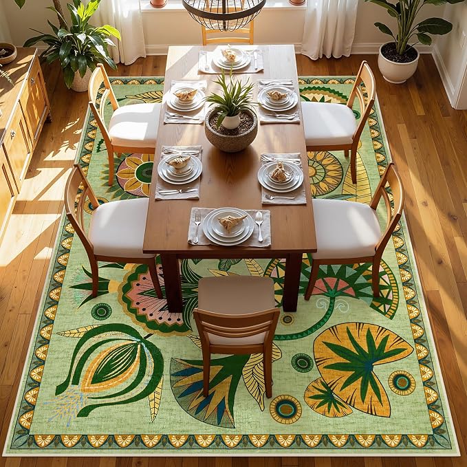 Joydeco Egypt Floral Washable Sage Green Living Room Bedroom Area Rug 6x9 | Boho Botanical Colorful Vintage Aesthetic Non Slip Flower Indoor Throw Carpet for Dining Room Office Guest Room Playroom Dorm