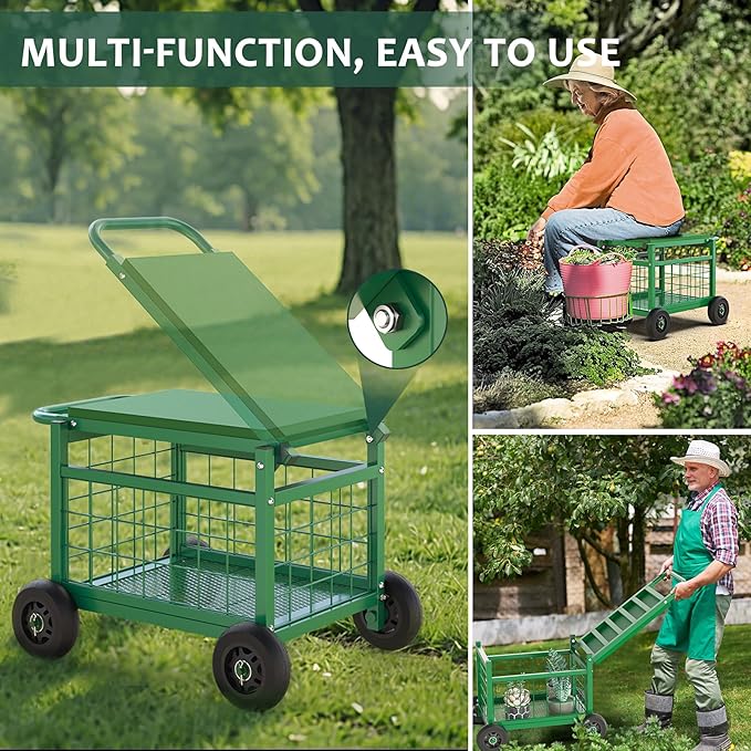 Garden Cart with Seat,3-in-1 Rolling Seat with Wheels for Seniors Gardening | Upgraded Heavy Duty Gardenning Cart with Seat, Supports up to 500 LBS for Seniors, Lawn, Patio & Backyard Gardening, Green