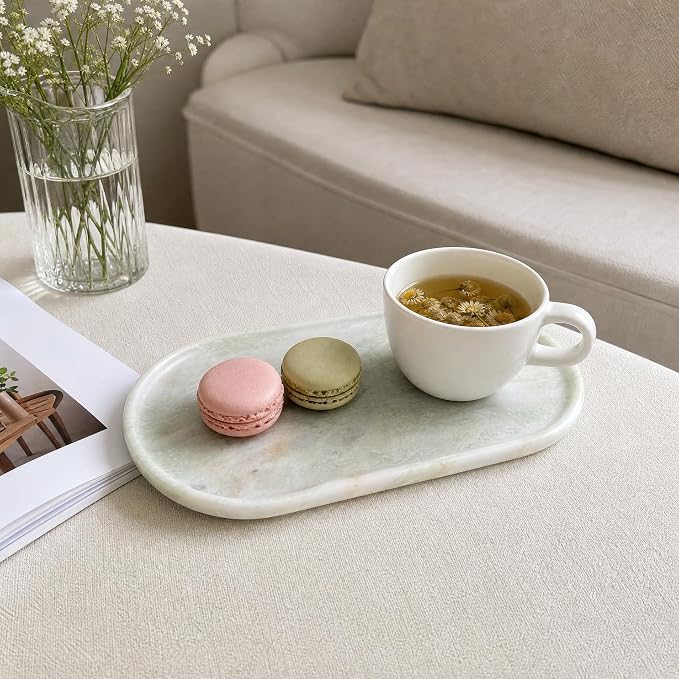 Genuine 100% Natural Marble Tray, Luxury Sage Green&White Stone Vanity Tray | 11.8" x 5.9" Decorative Oval Trays for Countertop Storage, Bathroom, Dresser, Kitchen, Home Decor, Jewelry Makeup Organizer