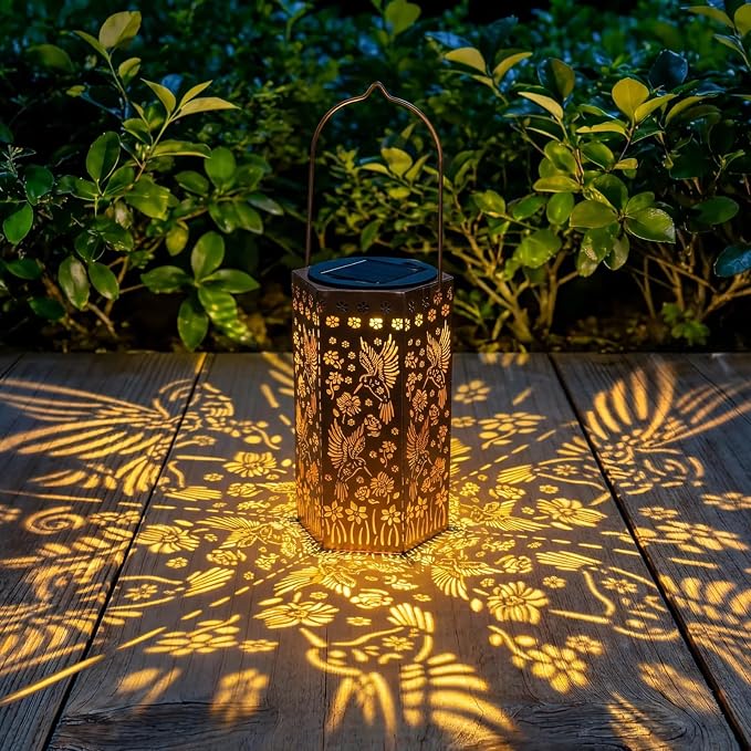 Solar Lanterns Waterproof Hummingbird Hanging Outside Decoration for Patio | Exquisite hummingbird pattern,antique bronze metallic color, IP65 waterproof,high conversion solar panel,high-brightness LED.
