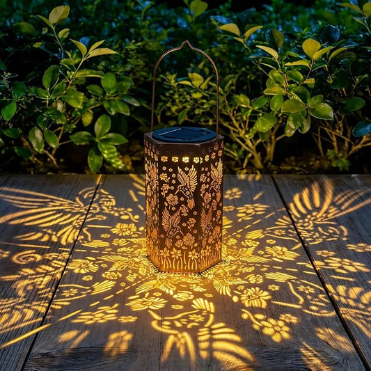 Solar Lanterns Waterproof Hummingbird Hanging Outside Decoration for Patio | Exquisite hummingbird pattern,antique bronze metallic color, IP65 waterproof,high conversion solar panel,high-brightness LED.