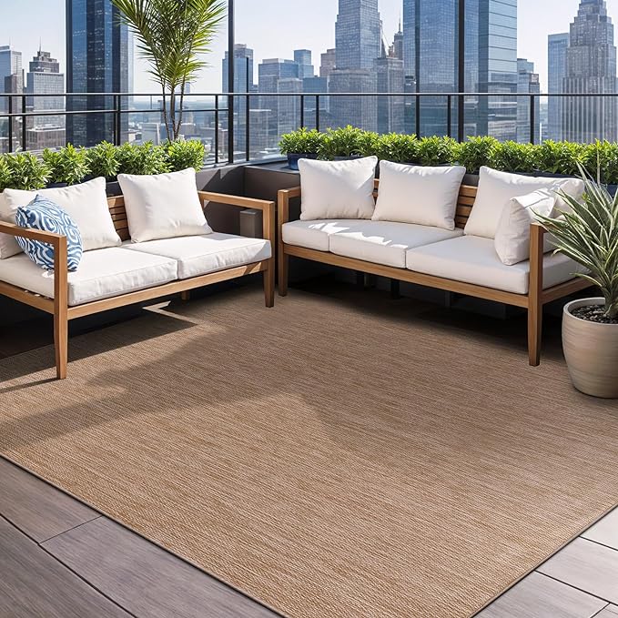 Beverly Rug Indoor Outdoor Rug 5x7, Washable Outside Carpet for Patio, Deck, Porch, Solid Modern Area Rug, Water Resistant, Jute Beige