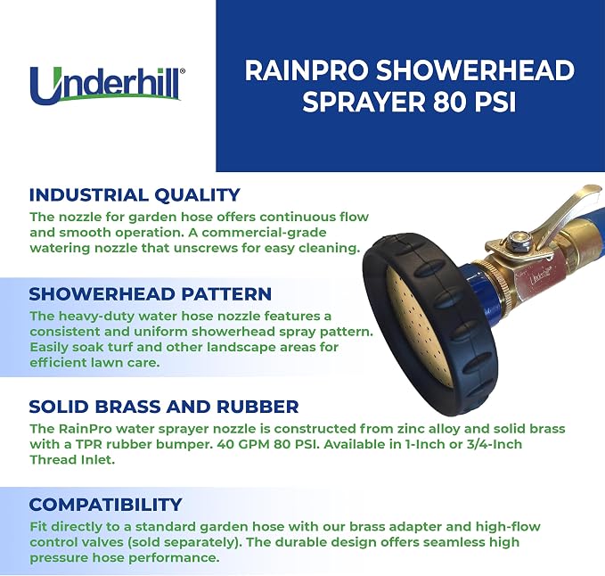 Underhill RainPro Showerhead Garden Water Hose Nozzle Sprayer, 40 GPM 80 PSI, 3/4-Inch Thread Inlet, High Pressure Attachment, Heavy-Duty, SHN-75