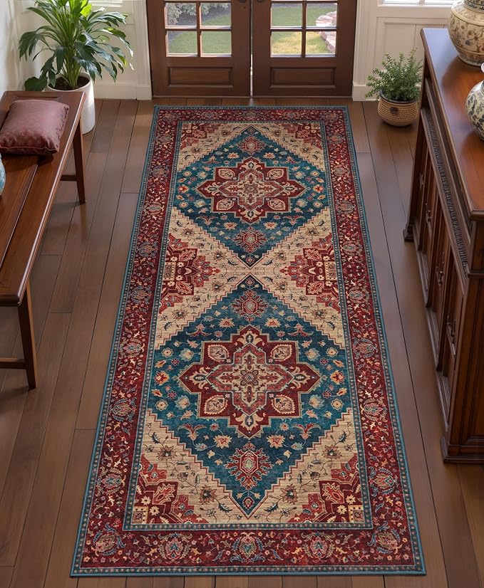Tangsoo 2x6 Washable Runner Rug for Hallways, Vintage Non Slip Rug Runners | Oriental Soft Low Pile Rug,Boho Print Carpet Hallway Runner for Kitchen Bedroom Entryway Bathroom Living Room Red Home Decor