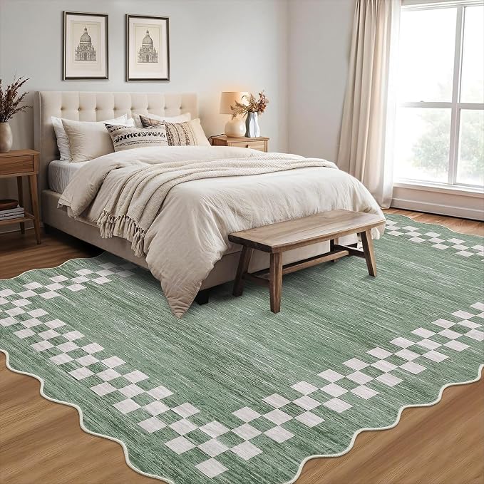 GarveeHome Small Bedroom Area Rug 3x5 Checkered Area Rug for Living Room | Nursery Non Slip Kitchen Throw Carpet Low Pile Modern Bordered Rugs Washable Green Rugs for Laundry Entryway, Green