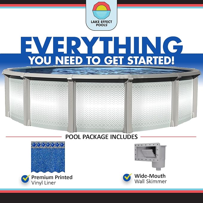 Lake Effect Pools 'Grand Cayman' 24 ft Round Above Ground Swimming Pool | 52 Inch Strong Extruded Resin Components | Bundle Includes: 25 Gauge Overlap Liner & Widemouth Skimmer