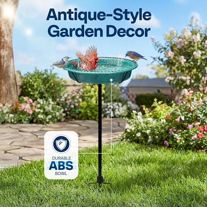 VIVOHOME Oval Bird Bath for Outside, Outdoor Birdbath Bowl with Metal Ground Stake, Weather-Resistant ABS Bird Bath and Feeder for Garden, 1.3 Gallons, Green