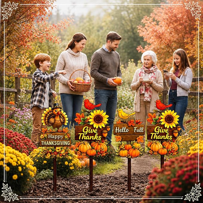 4 Pcs Fall Thanksgiving Garden Stakes Pumpkins Maple Leaves Turkey Sunflower Metal Yard Sign Outdoor Art Stake for Thanksgiving Decorations Autumn Harvest Patio Lawn Walkway Porch