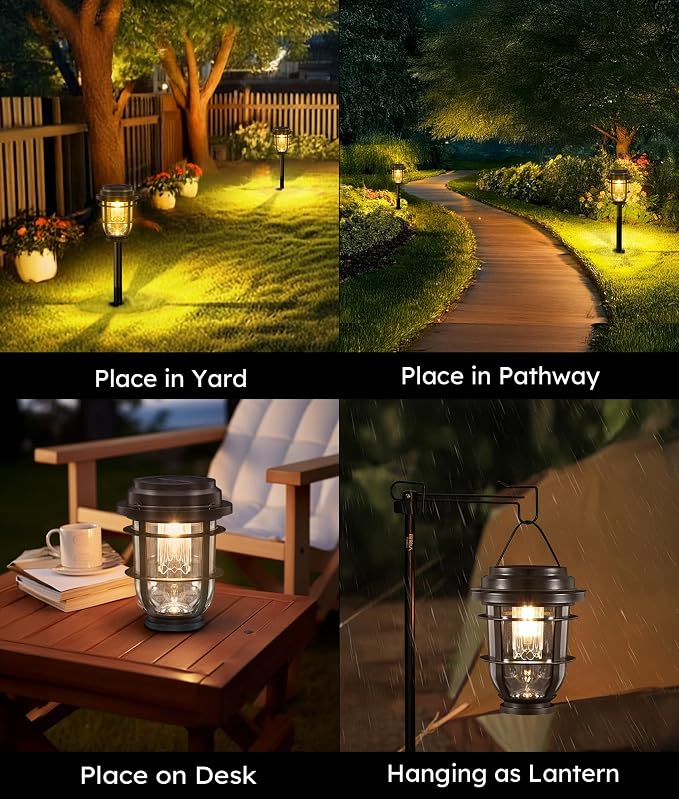 Vuees 6-Pack Solar Pathway Lights, 3-in-1 Design Outdoor Garden Patio Decor | 3000K warm glow, stake, tabletop or hanging setup, no wiring, rain-ready build, walkway, poolside and deck placement
